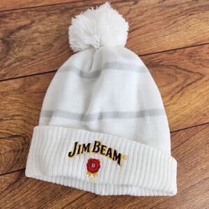 Jim Beam White Beanie Winter Hat Pom Cap Bar Drinking Party Beenie